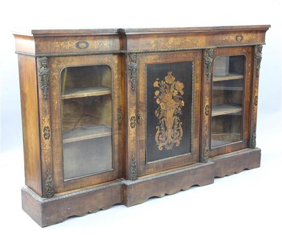 A Victorian marquetry inlaid walnut breakfront dwarf bookcase, W.6ft 2in. D.1ft 3in. H.3ft 8in.